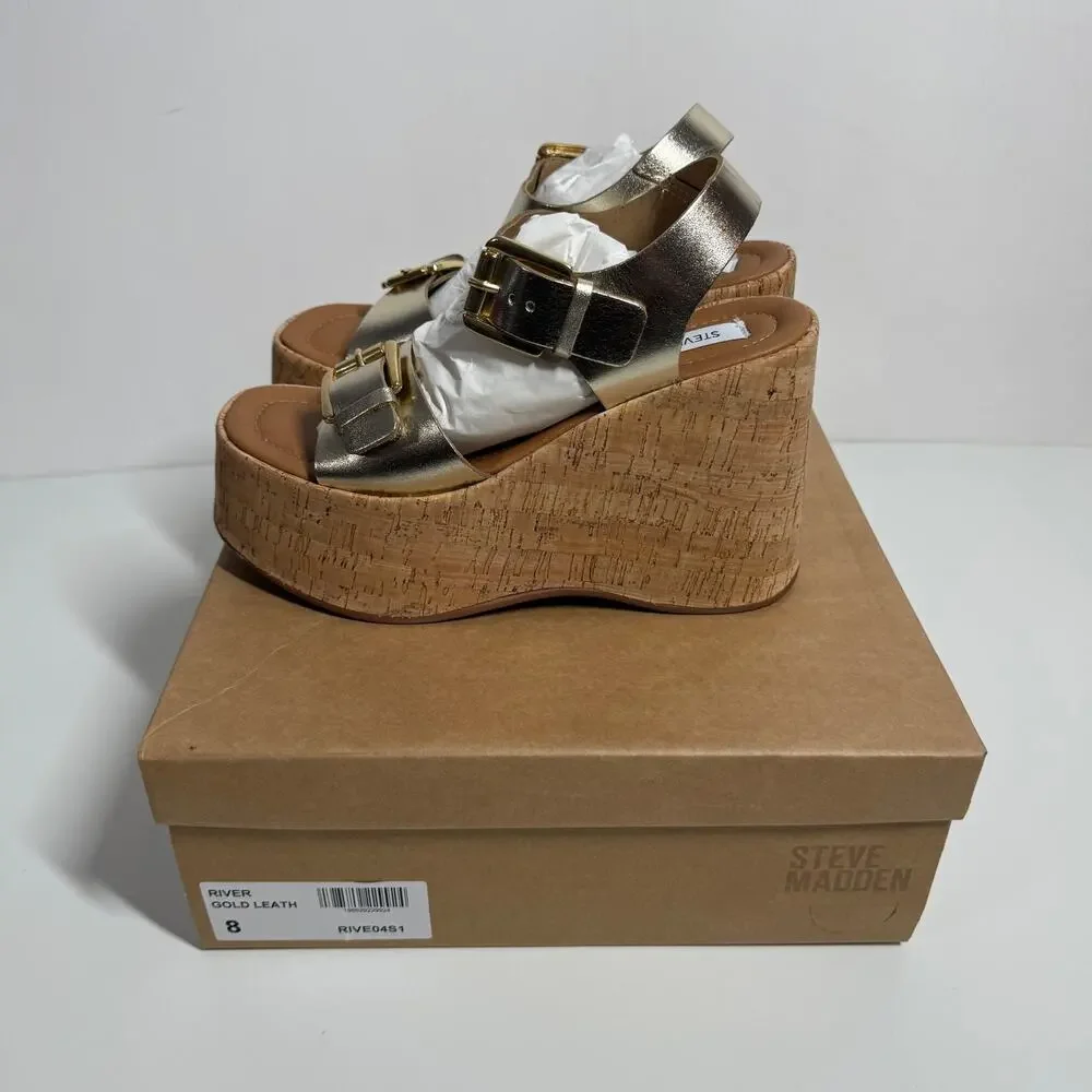 NEW Steve Madden River Platform Wedge Sandal 8 Gold Leather Buckle Ankle Strap